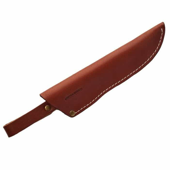 Brown leather knife sheath on a white background
