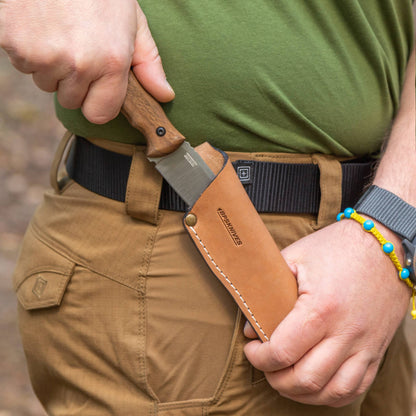 Knife with wooden handle and leather sheath 
