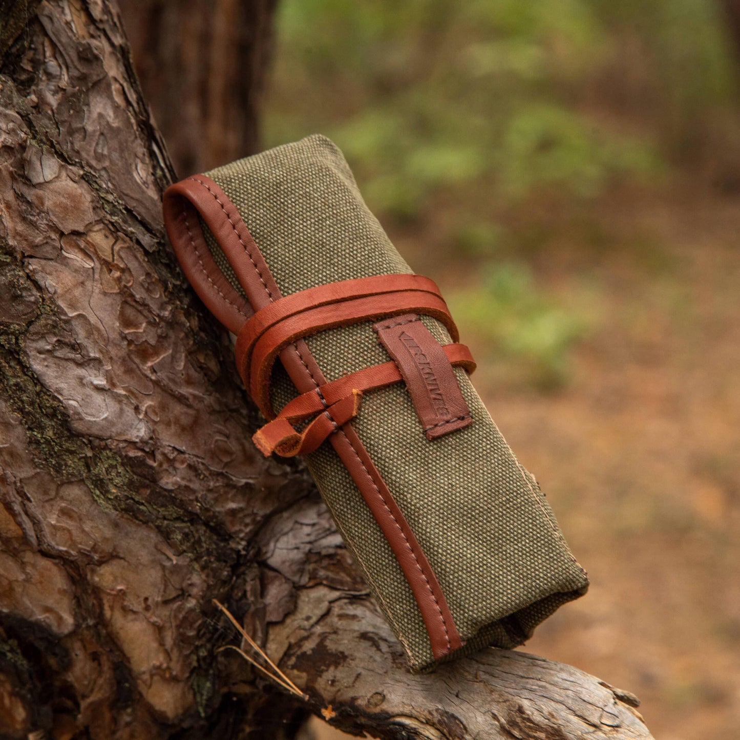 Brown fabric pouch with colorful rectangular items